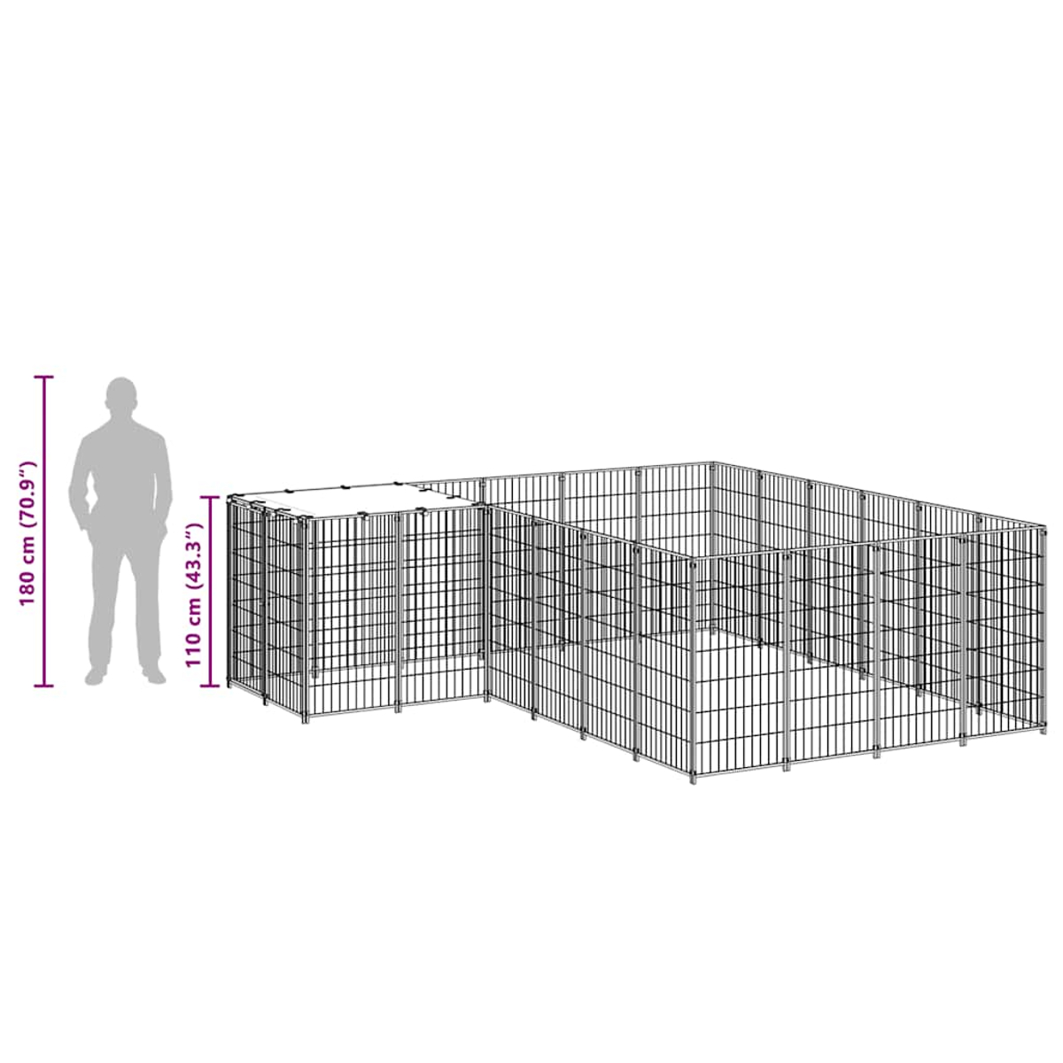 Ein Metallgehege mit einer menschlichen Silhouette, Maße beschriftet. Das Gehege ist schwarz, besteht aus miteinander verbundenen Drahtpaneelen.