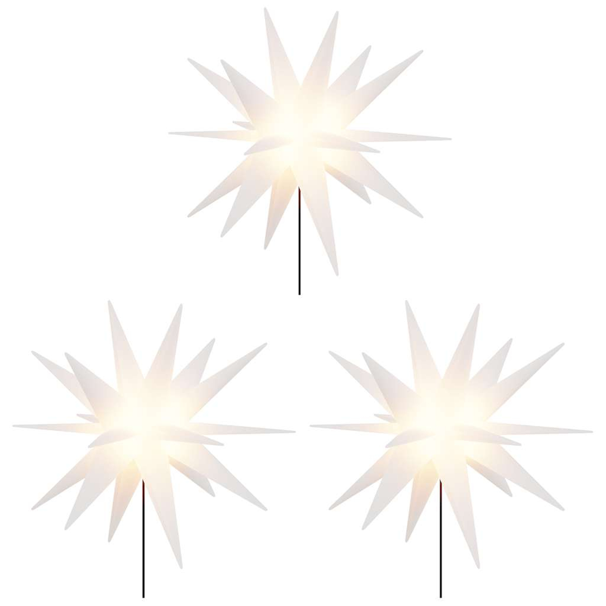 Drei weiße sternförmige Lichter auf schwarzen Stielen vor weißem Hintergrund. Jedes hat mehrere spitze Strahlen, die von einem hellen Zentrum ausgehen.