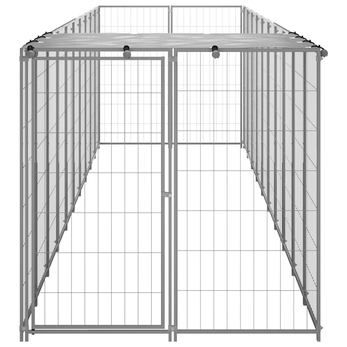 Ein Metall-Hundezwinger mit Dach, Tür und Drahtgitterwänden. Der Zwinger ist leer und steht auf einer weißen Oberfläche.