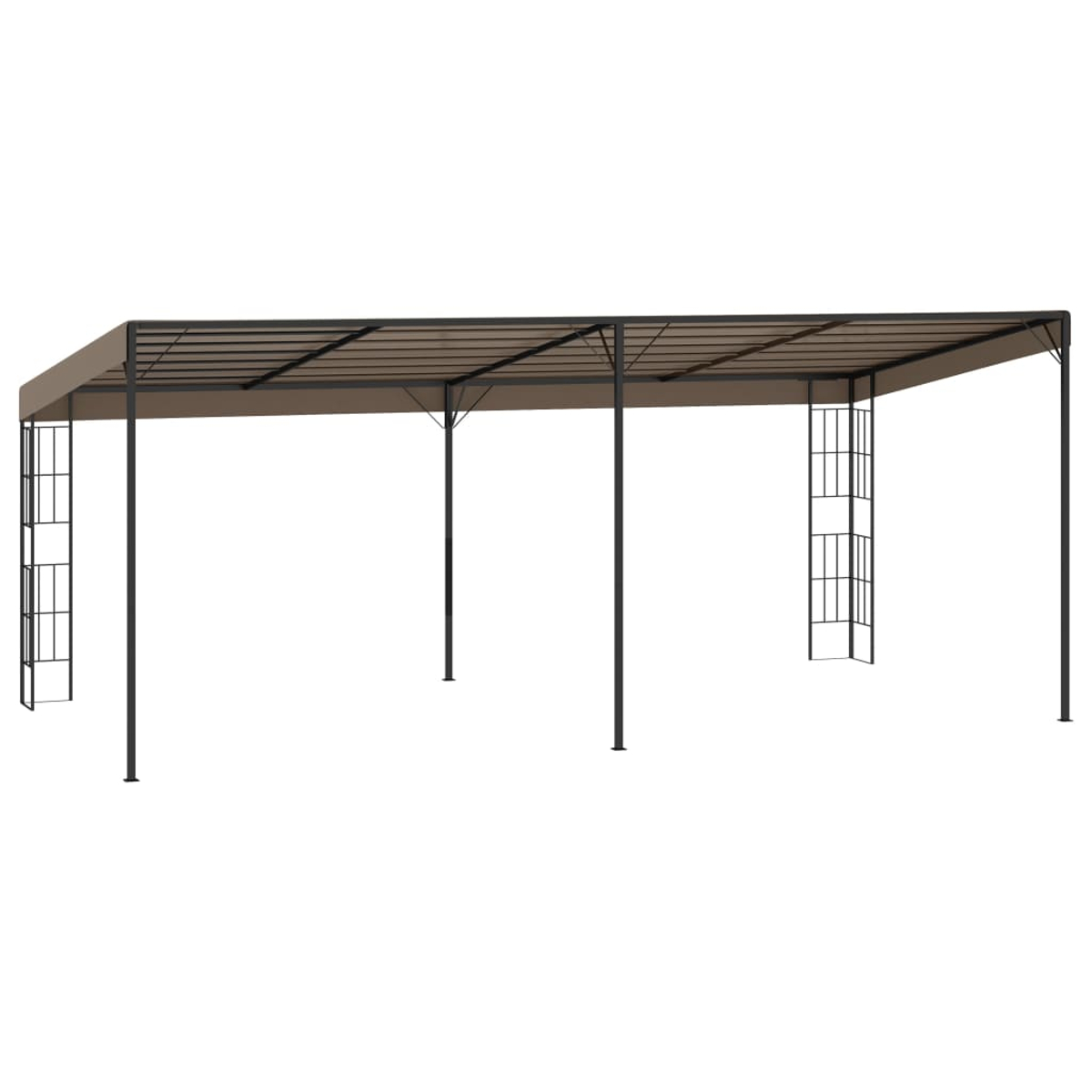 Eine braune und schwarze Metallpergola auf weißem Hintergrund. Es hat ein rechteckiges Dach, das von vertikalen Pfosten und dekorativen Seitenteilen getragen wird.