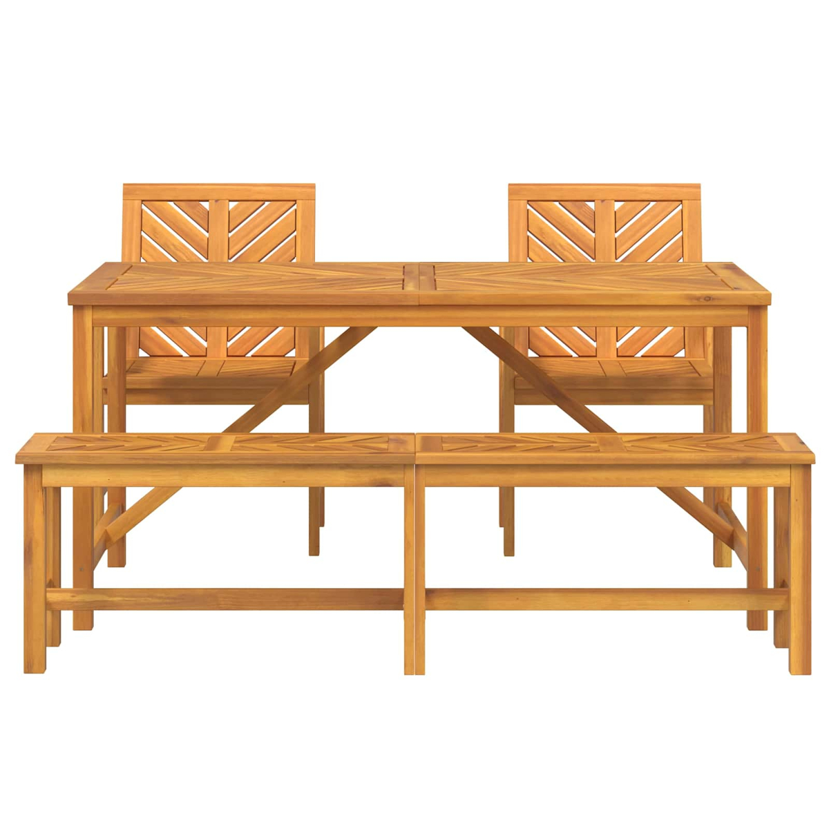 Holz-Essgruppe für den Außenbereich. Enthält einen Tisch, zwei Stühle und eine Bank. Alles ist hellbraun und aus Holz.