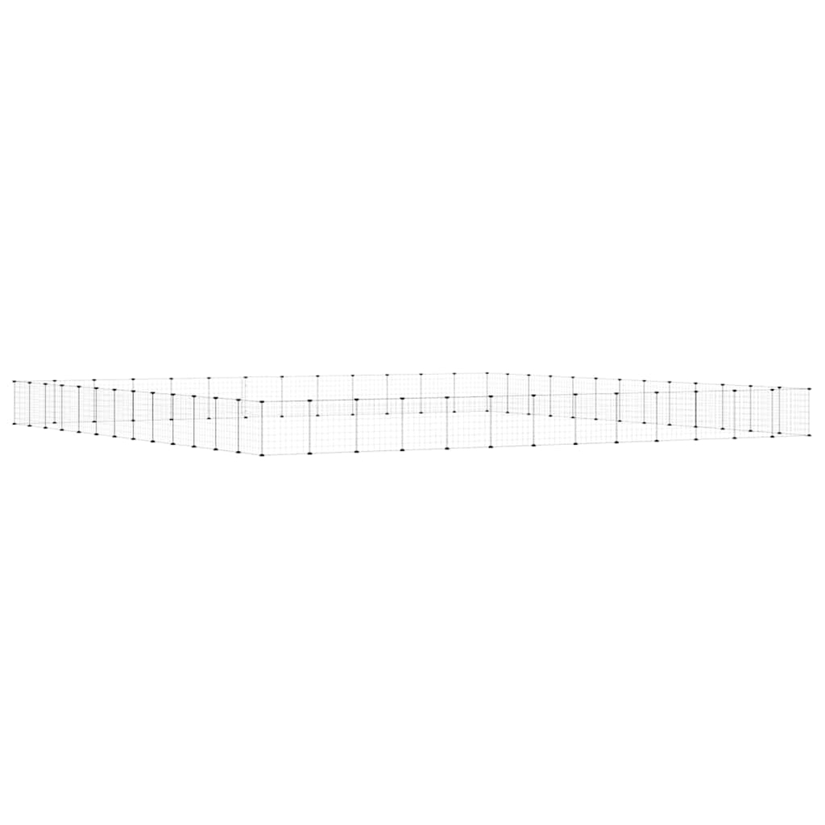 Ein leerer, modularer Drahtzaun, wahrscheinlich für Haustiere. Er besteht aus schwarzen Verbindern und grauem Drahtgeflecht auf weißem Hintergrund.