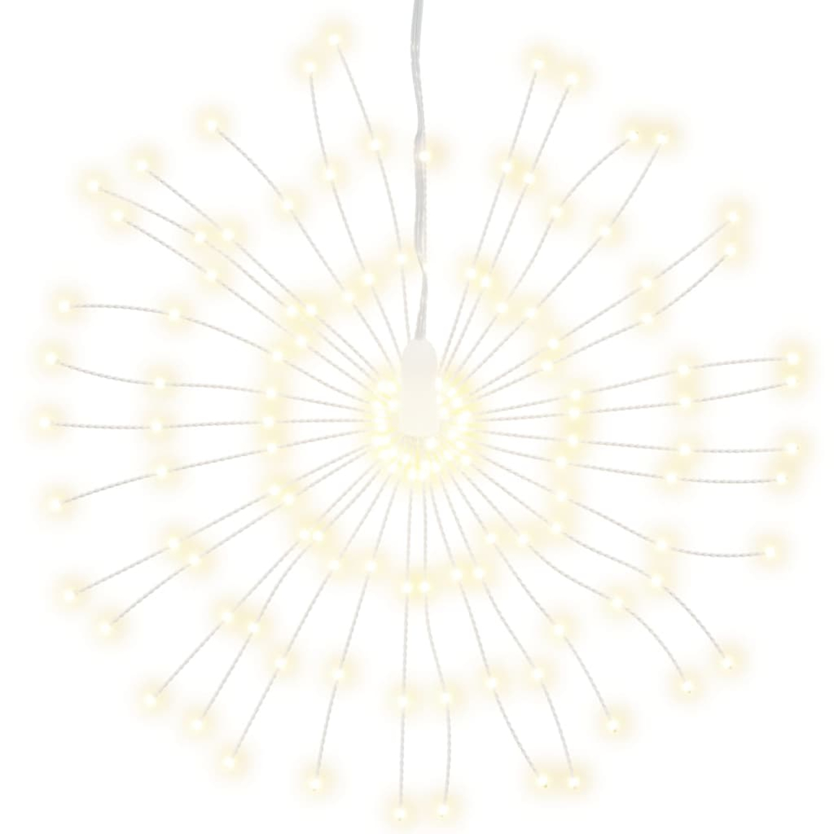 Eine sternförmige Leuchte mit vielen kleinen, warmweißen LED-Leuchten, die nach außen strahlen. Ein einzelnes weißes Kabel hängt von oben.