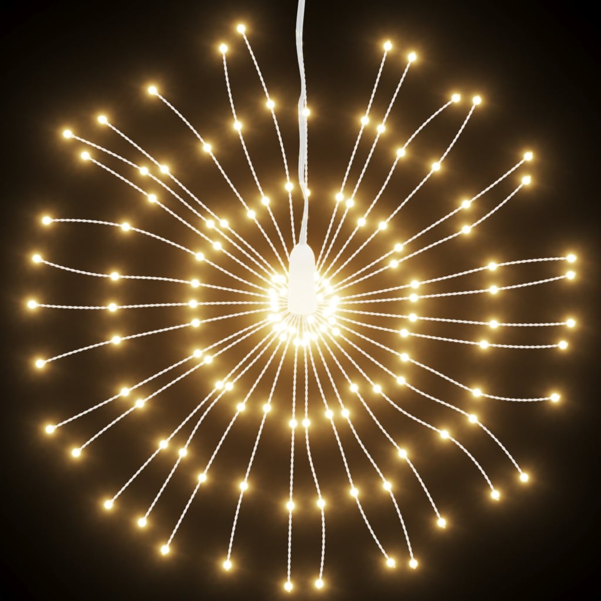 Eine sternförmige Leuchte mit vielen kleinen, warmweißen Lichtern, die von einer zentralen Glühbirne ausgehen, vor dunklem Hintergrund.