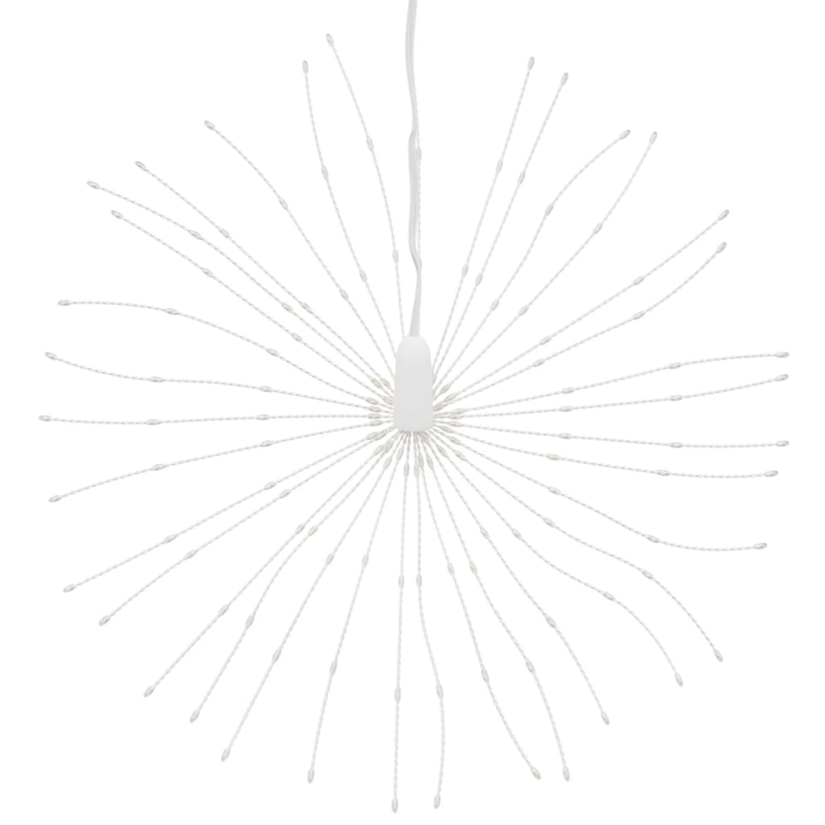 Eine weiße, sternförmige Leuchte mit vielen dünnen, strahlenförmigen Strängen, die jeweils kleine, weiße Lichter haben. Sie hängt an einem einzelnen Kabel.