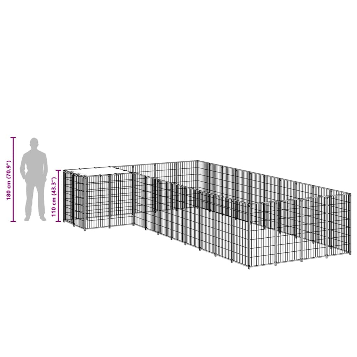 Eine Illustration zeigt ein Metallgehege für Haustiere. Eine Person steht zum Größenvergleich daneben. Die Abmessungen sind angegeben.