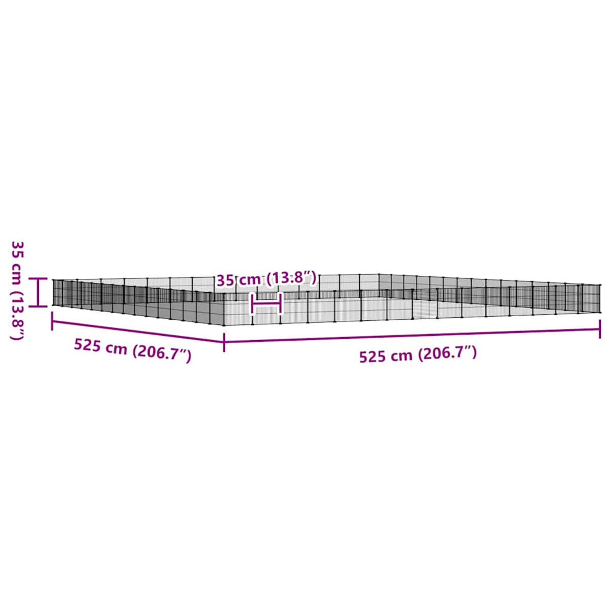 Ein rechteckiger Haustierzaun mit den angegebenen Maßen: 525 cm, 35 cm und 135 cm. Der Zaun ist schwarz vor weißem Hintergrund.