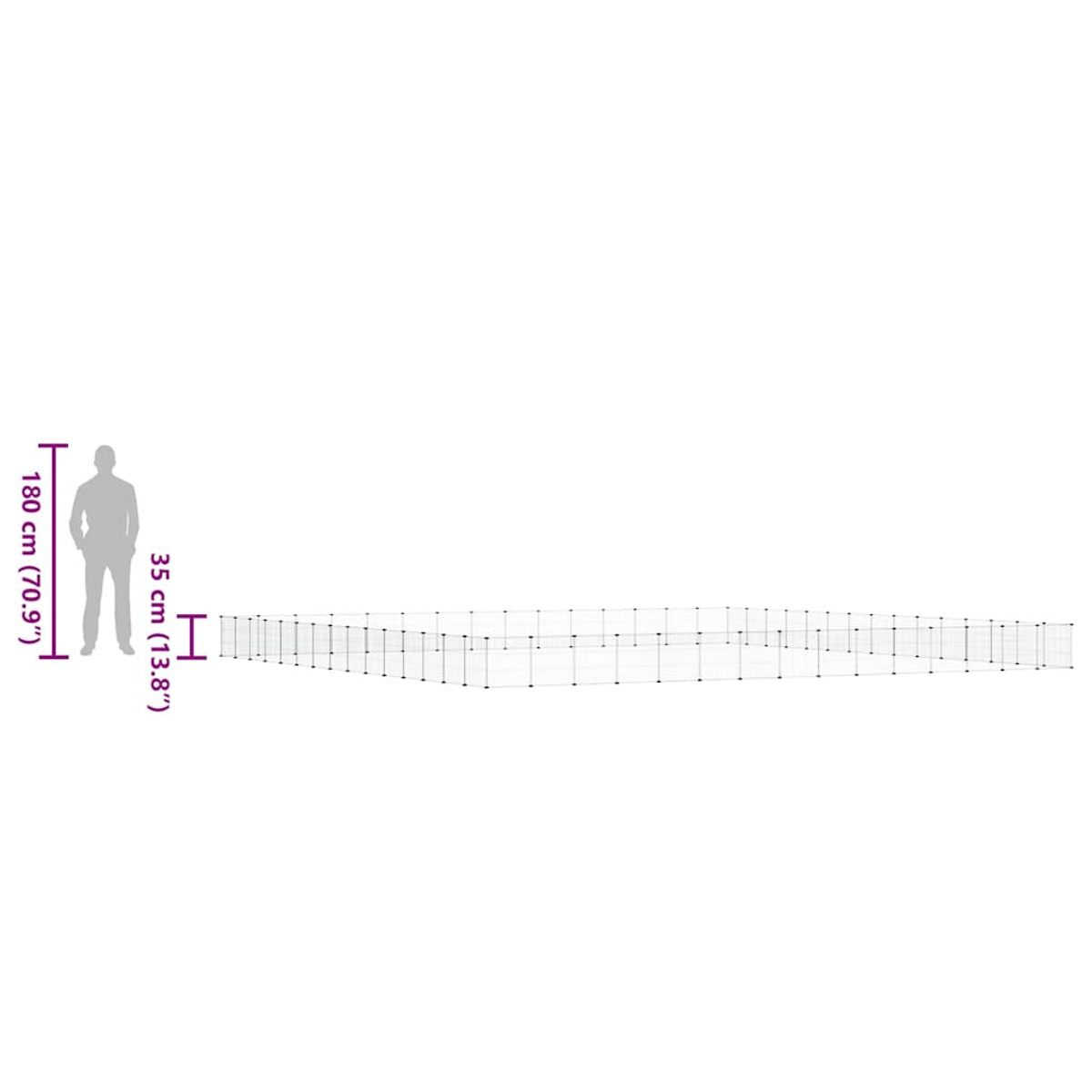 Eine Person steht neben einem Zaun. Abmessungen: 180cm (70,9") Körpergröße, 35cm (13,8") Zaunhöhe.