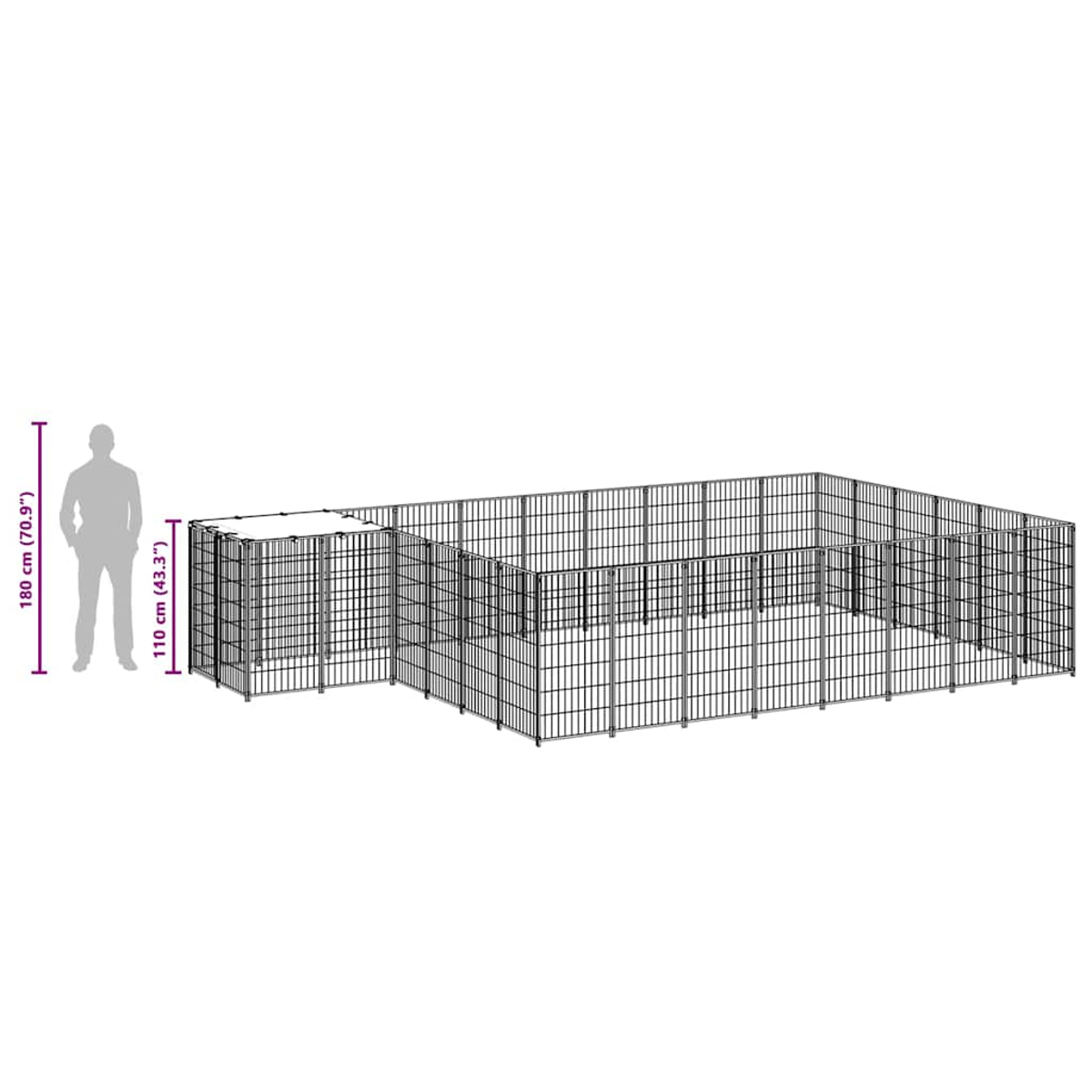 Ein rechteckiger Metall-Haustierkäfig mit einem kleineren quadratischen Abschnitt. Ein Diagramm zeigt den Größenvergleich.