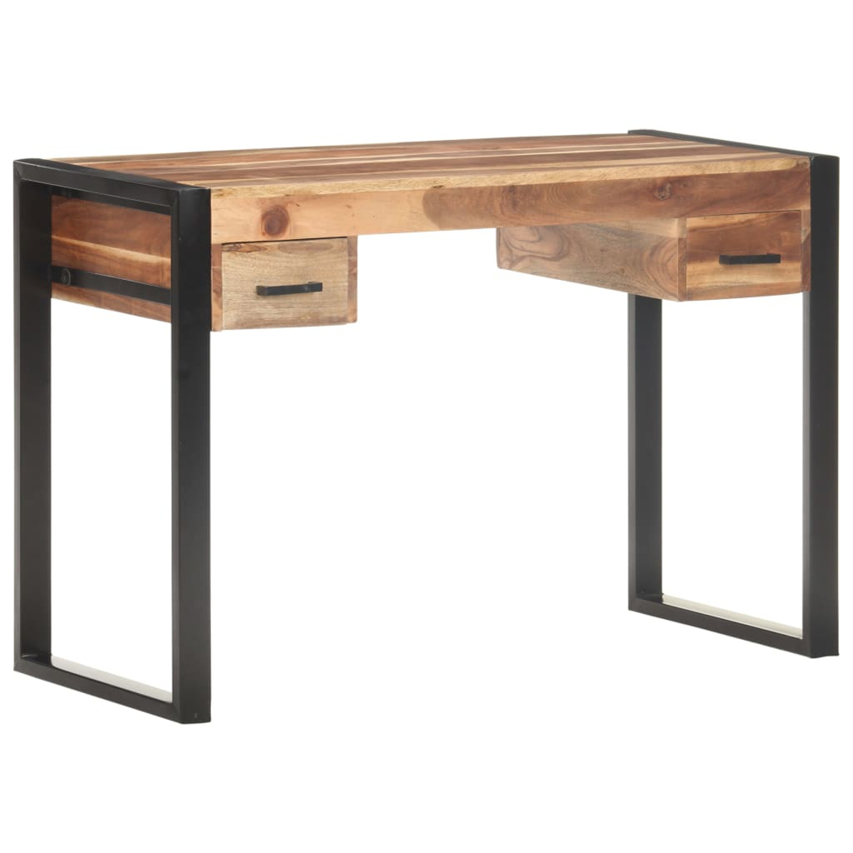 Ein Holzschreibtisch mit schwarzen Metallbeinen. Er hat zwei Schubladen und eine natürliche Holzoberfläche.