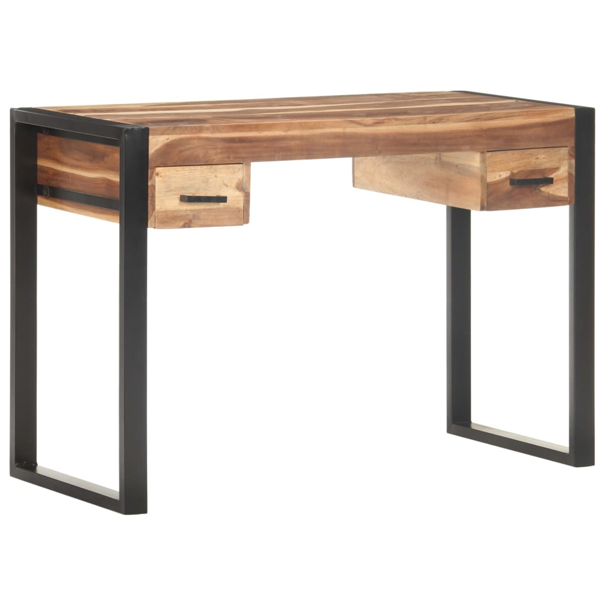 Holzschreibtisch mit zwei Schubladen. Das Gestell ist aus schwarzem Metall. Tischplatte und Schubladen sind aus hellbraunem Holz.