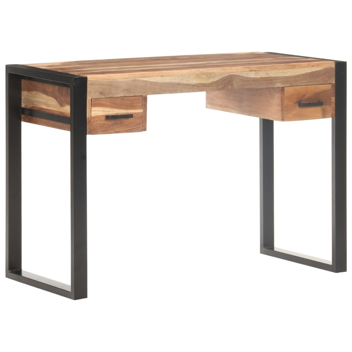 Ein Holzschreibtisch mit zwei Schubladen und schwarzen Metallbeinen steht vor weißem Hintergrund.