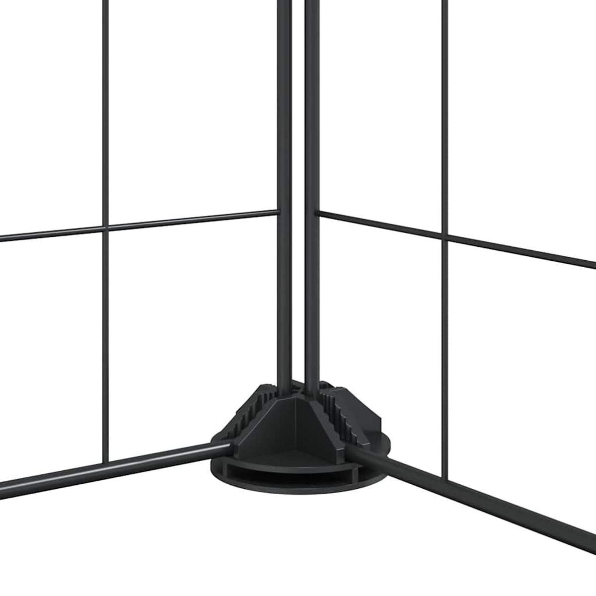 Ein schwarzer Metallrahmen mit einer zentralen vertikalen Stange und horizontalen Verbindungsstangen vor weißem Hintergrund.