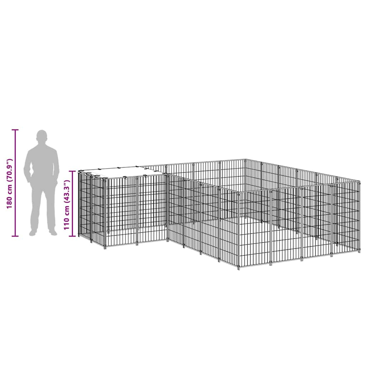 Eine Illustration zeigt ein Metallgehäuse. Eine Person ist neben dem Gehäuse zur Maßstabsbestimmung abgebildet, mit Höhenangaben in cm.
