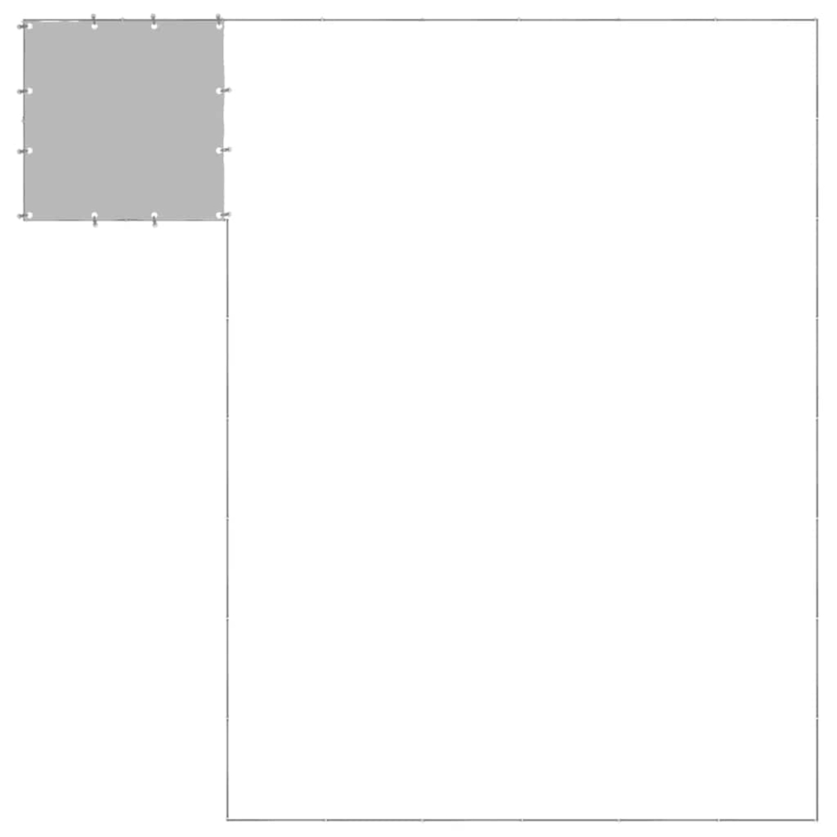 Ein graues Quadrat befindet sich in der oberen linken Ecke, verbunden mit Linien, die ein L auf weißem Hintergrund bilden. Ösen sind sichtbar.
