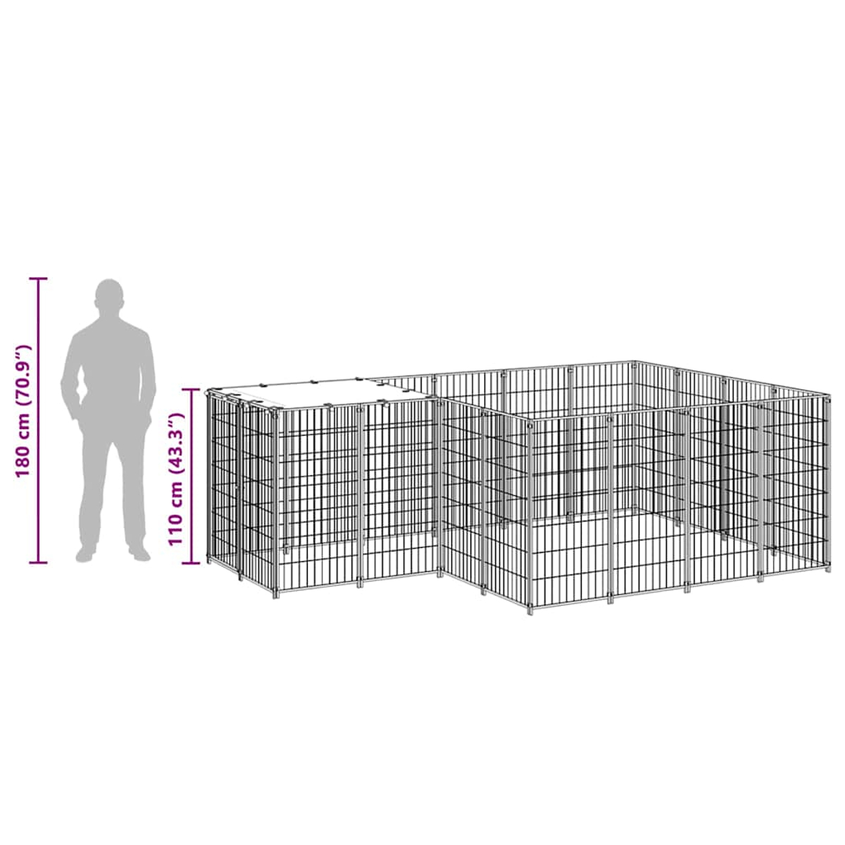 Ein Metallgehege mit einer Männersilhouette zur Maßstabsbestimmung. Abmessungen sind angegeben. Das Gehege ist L-förmig und aus Drahtgeflecht.