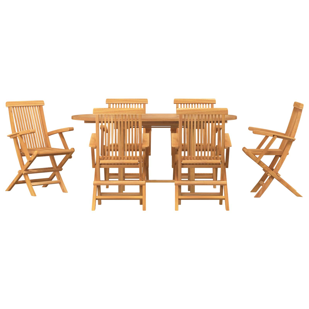 Juego de comedor de madera para exteriores. Mesa ovalada con seis sillas. Dos sillas a los lados, cuatro enfrentadas. Madera clara.