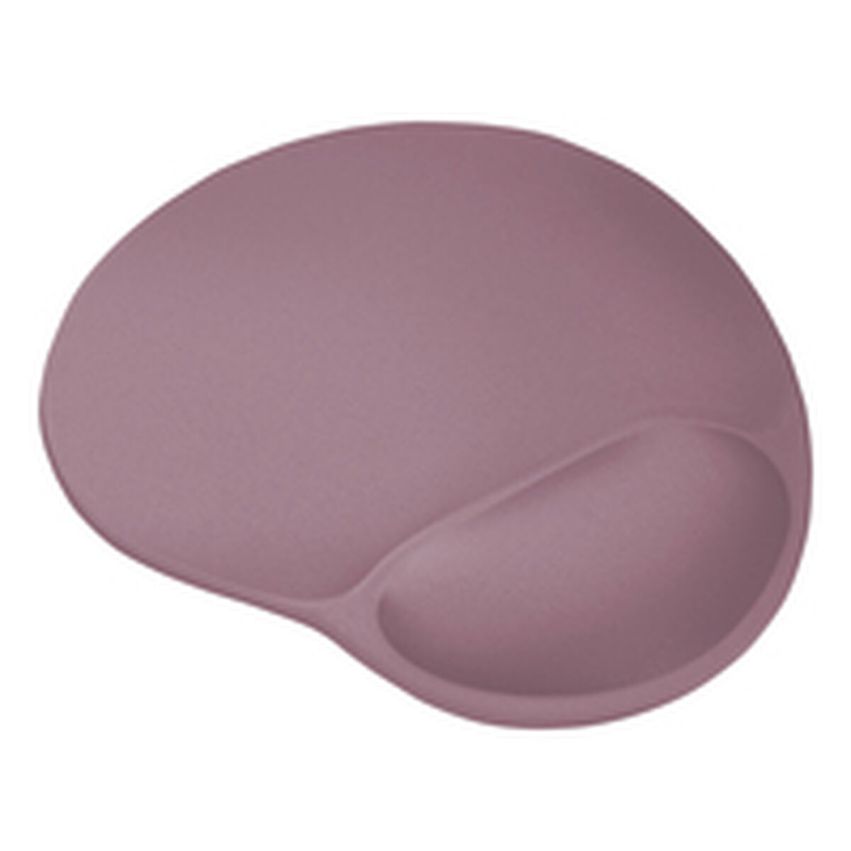 Un mousepad ergonomico color malva con poggiapolsi. Il pad è a forma di rene con un'indentazione curva per il polso.