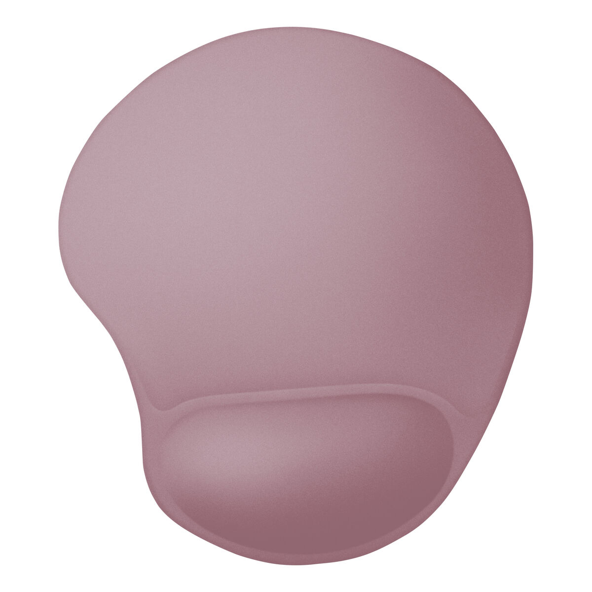 Un tappetino per mouse ergonomico color malva con poggiapolsi su sfondo bianco. Il tappetino ha la forma di un fagiolo.