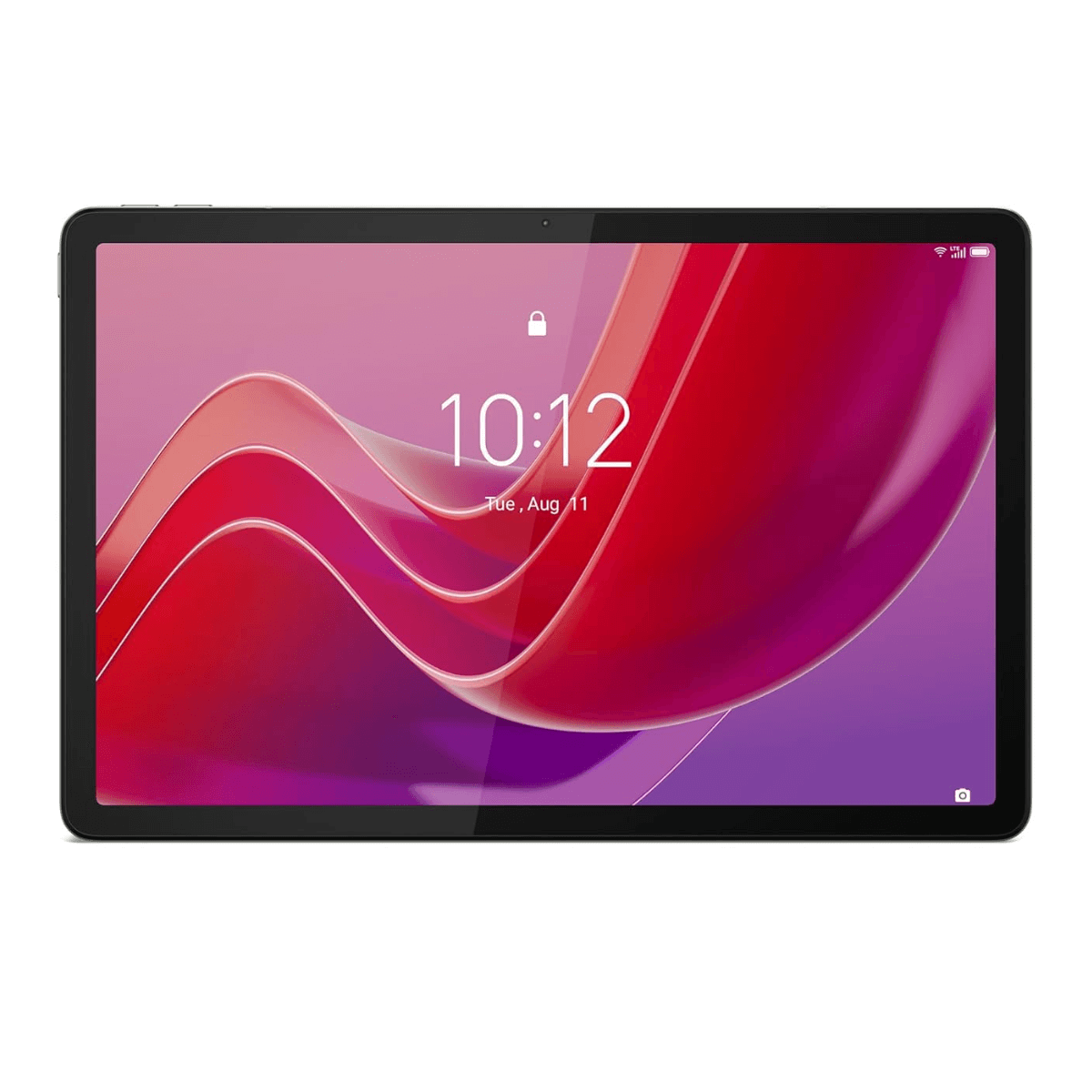 Una pantalla de tableta muestra la hora 10:12, martes 11 de agosto. El fondo tiene formas abstractas rojas y moradas.