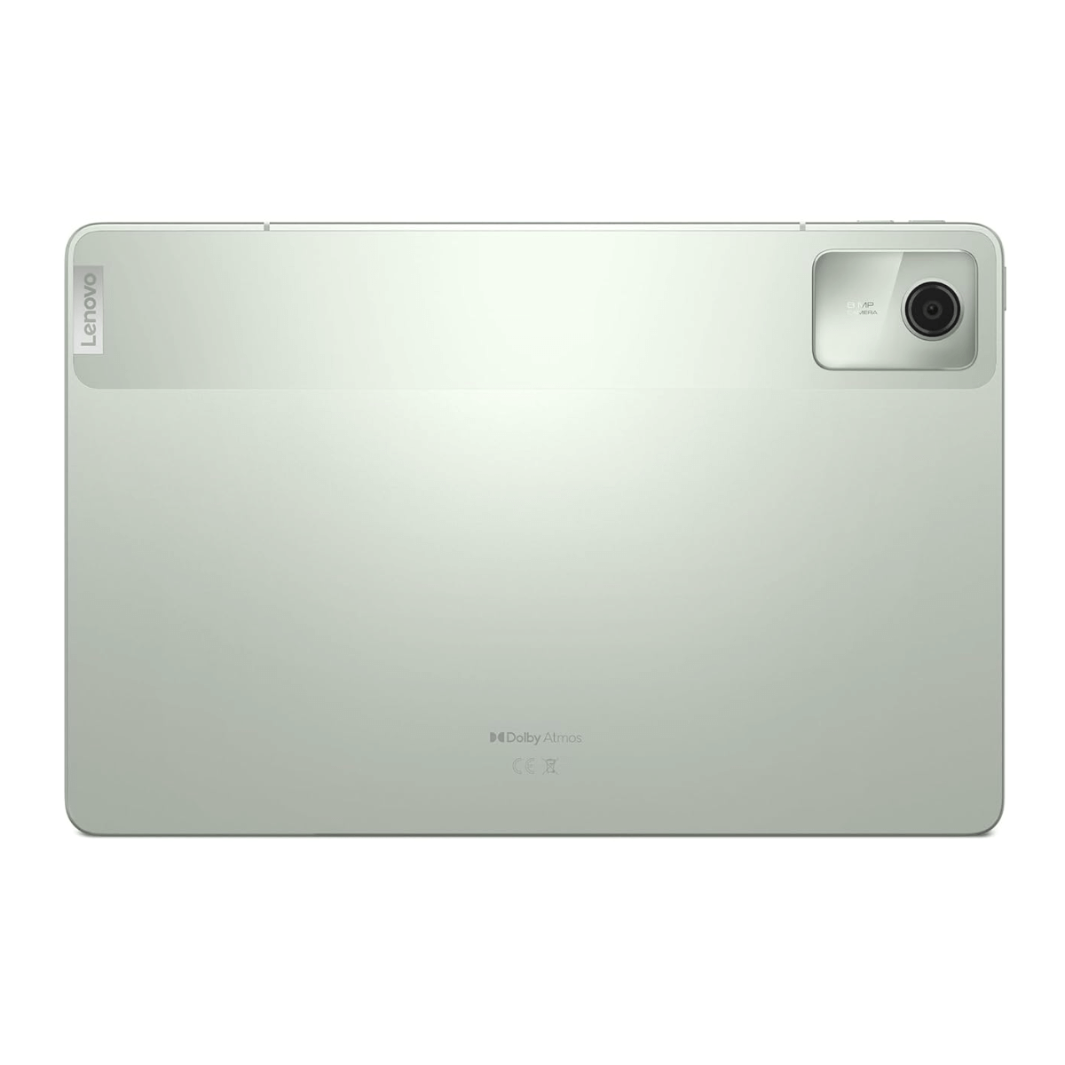Vista trasera de una tableta. Es verde claro, tiene una cámara y el logo de Lenovo. Dolby Atmos también es visible.