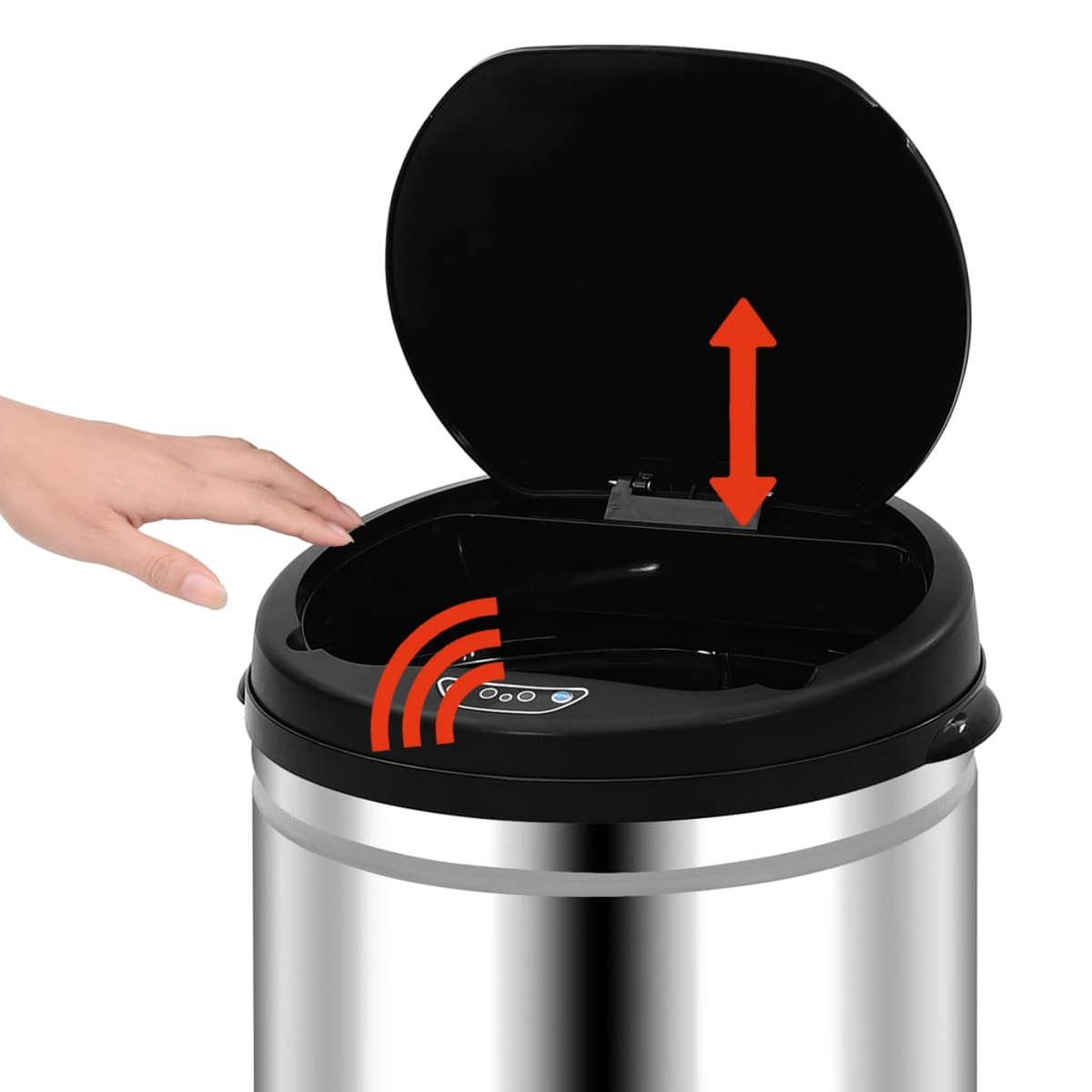 Eine Hand nähert sich einem Sensor-Mülleimer. Der Deckel ist geöffnet. Ein Pfeil zeigt die Richtung des Deckels an. Der Behälter ist aus Edelstahl.