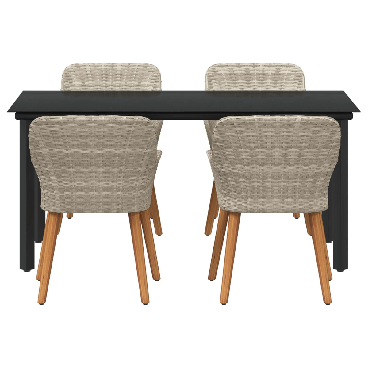 Cuatro sillas con respaldos tejidos y patas de madera alrededor de una mesa rectangular negra. El fondo es blanco.