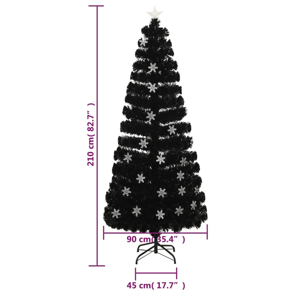 Ein schwarzer Weihnachtsbaum mit weißen Schneeflocken-Dekorationen und einem Stern oben. Maße sind in cm und Zoll angegeben.
