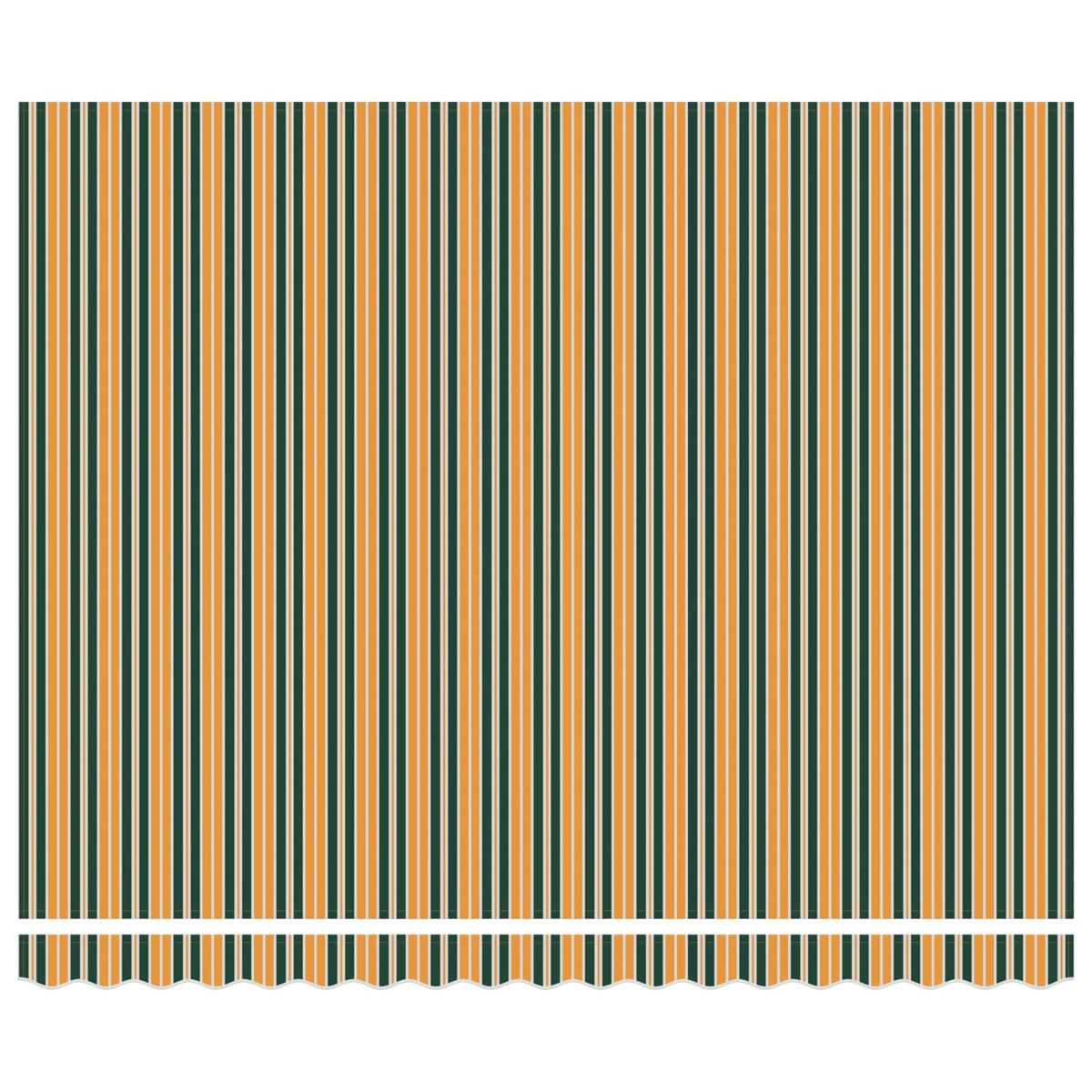 Vertikal gestreiftes Muster. Abwechselnd grüne, gelbe und beige Streifen. Am Boden ein gewellter Rand.