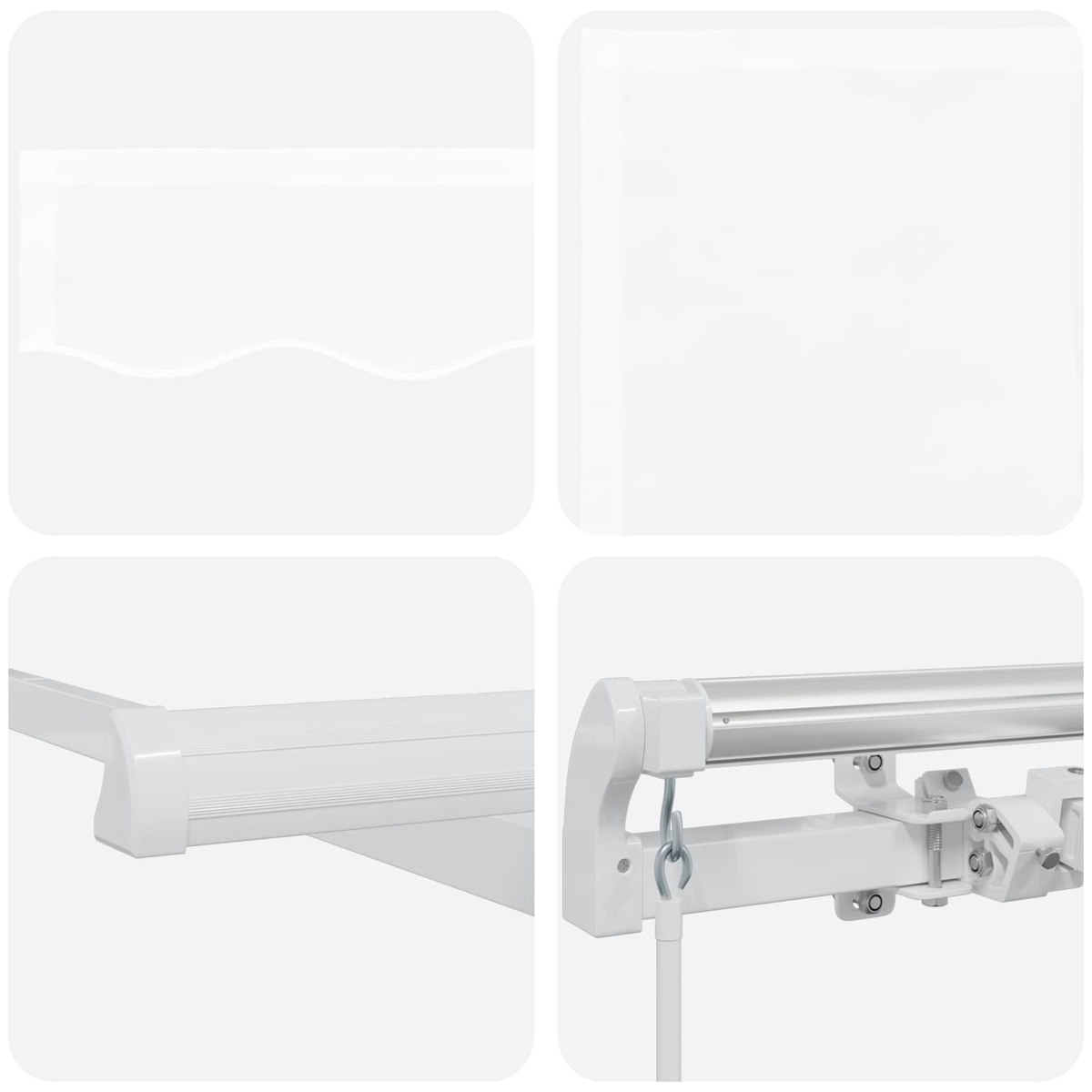 La imagen muestra un sistema de toldo blanco. Tiene piezas metálicas blancas, un rodillo y un mecanismo colgante. El fondo es blanco.
