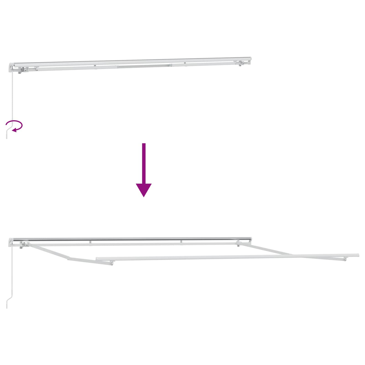 Diagramm eines ausfahrenden Markise. Oben die eingefahrene Markise. Unten ein Pfeil, der die ausfahrende Markise anzeigt.