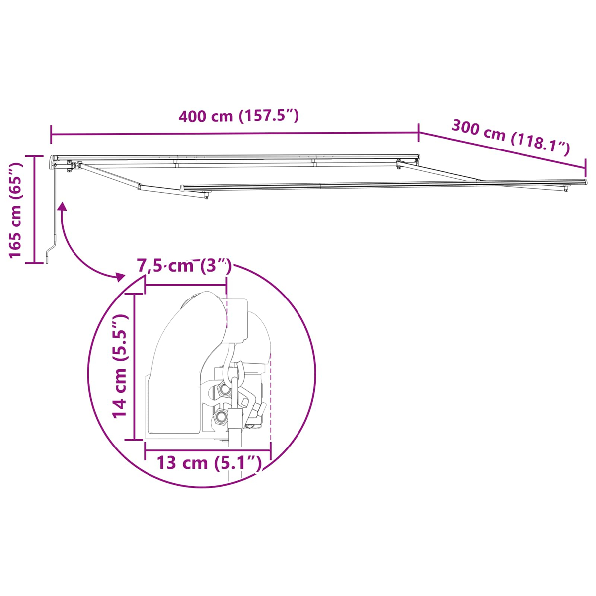 Diagramm einer Markise mit Abmessungen. Es zeigt die Breite (400 cm), Tiefe (300 cm) und Höhe (165 cm). Eine Detailansicht einer Komponente ist ebenfalls enthalten.