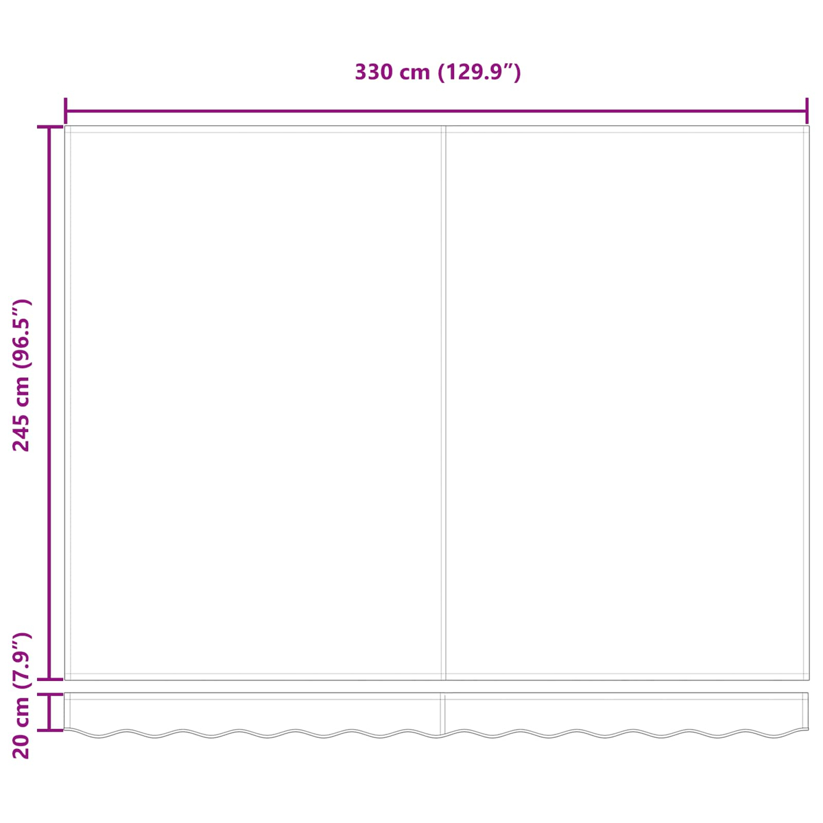 Diagramm eines zweitürigen Schranks mit Abmessungen in cm und Zoll. Die Höhe beträgt 245 cm, die Breite 330 cm und die Tiefe 20 cm.