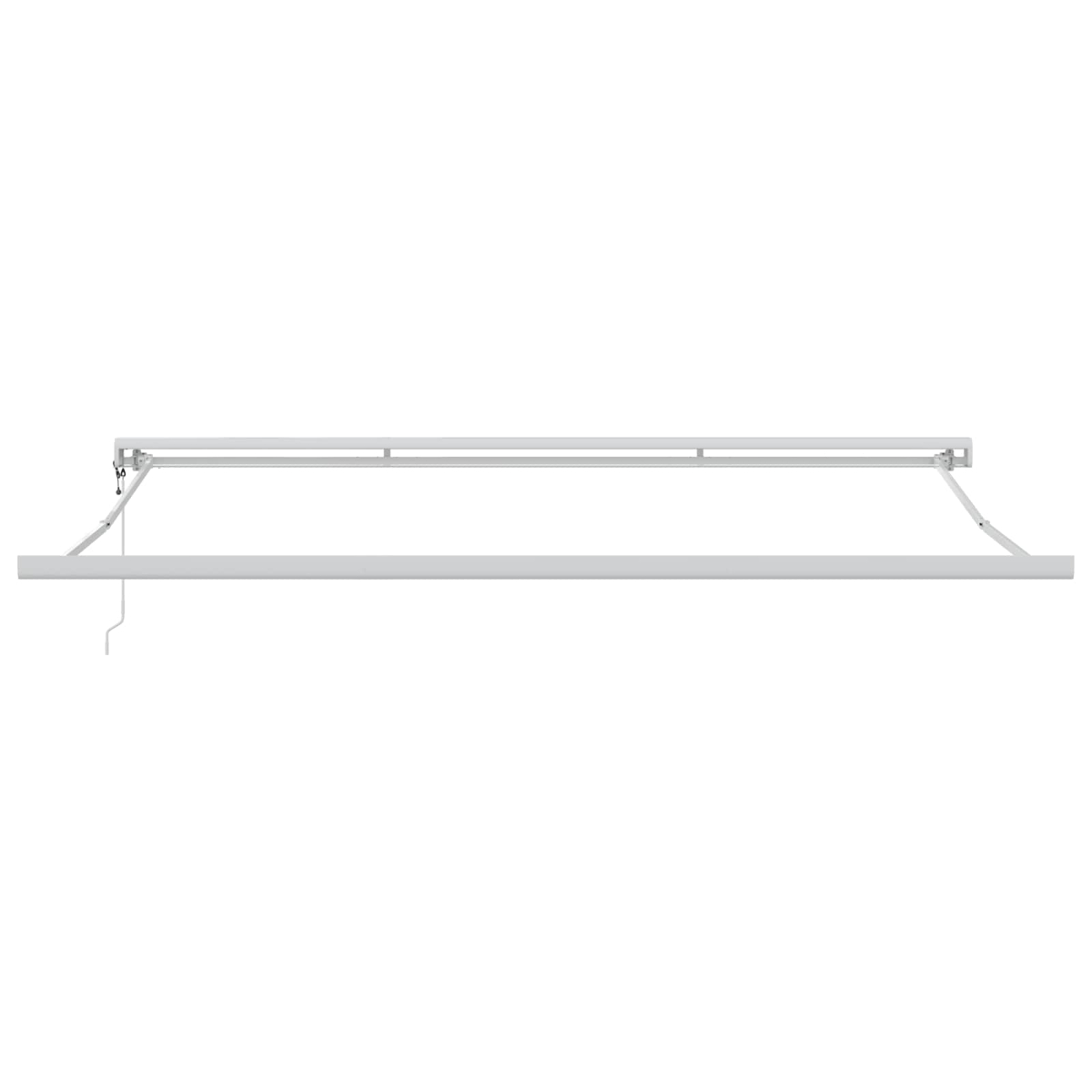 Un marco blanco y rectangular de toldo, con una barra central y soportes angulados. Un cable blanco cuelga a la izquierda.