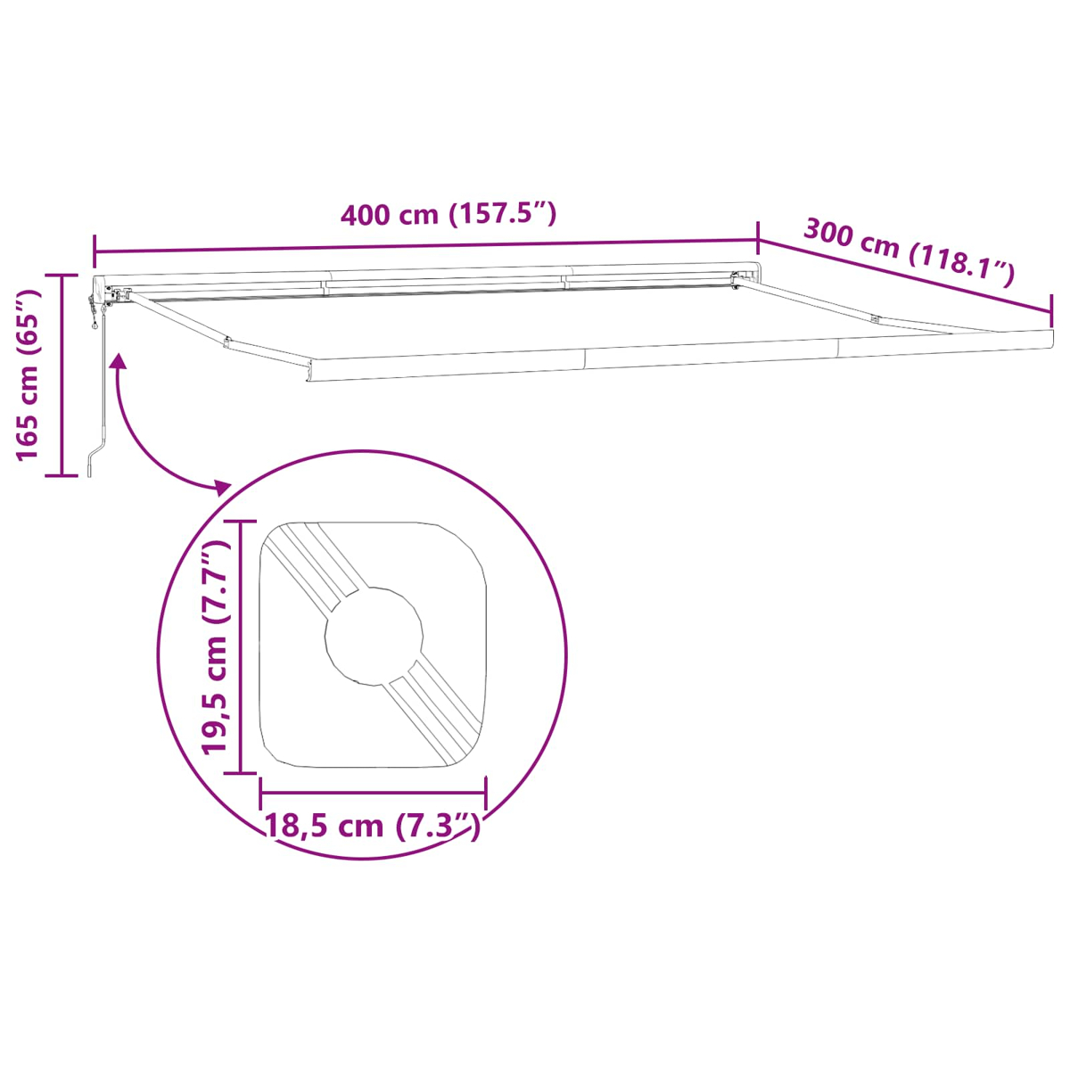Diagrama de un toldo con dimensiones en cm y pulgadas. Detalles incluyen medidas de ancho y alto, y un primer plano.
