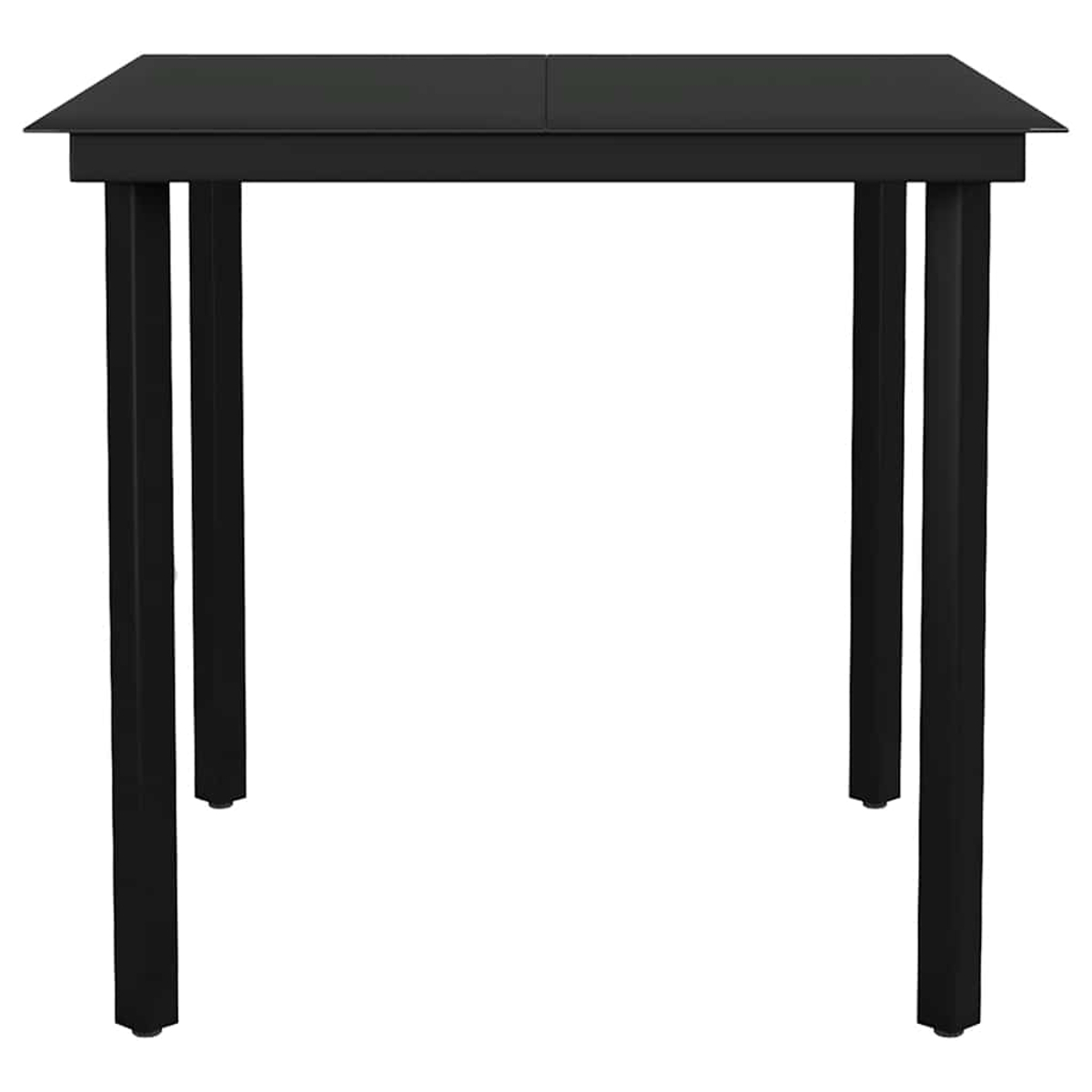 Una mesa cuadrada negra con cuatro patas negras. La tapa de la mesa también es negra y parece ser de vidrio o material similar.