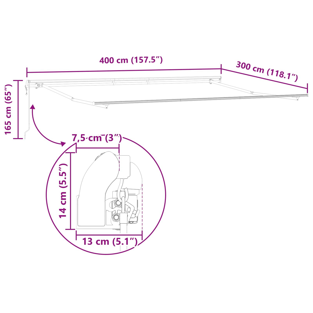 Diagramm eines Markisen mit Maßen. Eine Detailansicht zeigt die Größe des Mechanismus. Maße in cm und Zoll.