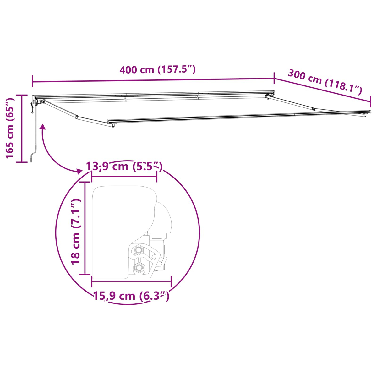 Diagramm eines Markisen mit Abmessungen. Es zeigt die Breite, Höhe und eine Nahaufnahme der mechanischen Komponenten.