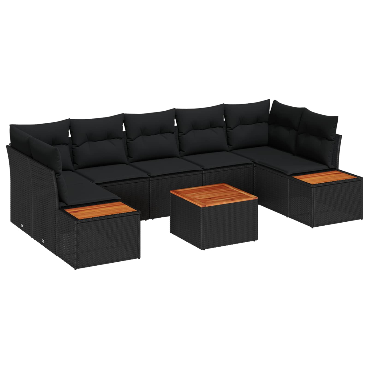Ein modernes Outdoor-Ecksofa mit schwarzen Kissen und einem gewebten schwarzen Rahmen. Zwei Holzbeistelltische und ein Couchtisch sind vorhanden.