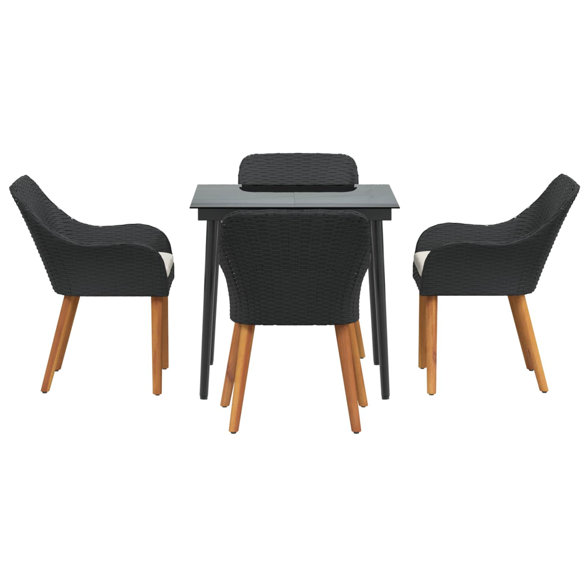 Una mesa negra de mimbre con cuatro sillas. Las sillas tienen patas de madera y cojines blancos. La mesa tiene tapa y patas negras.