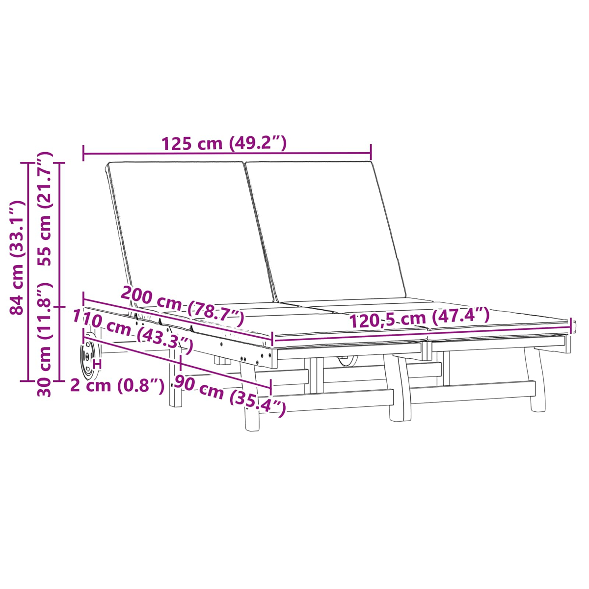 Eine weiße Doppel-Chaiselongue mit Maßangaben. Die Liege hat eine Kopfstütze und Räder. Die Maße sind in cm und Zoll angegeben.