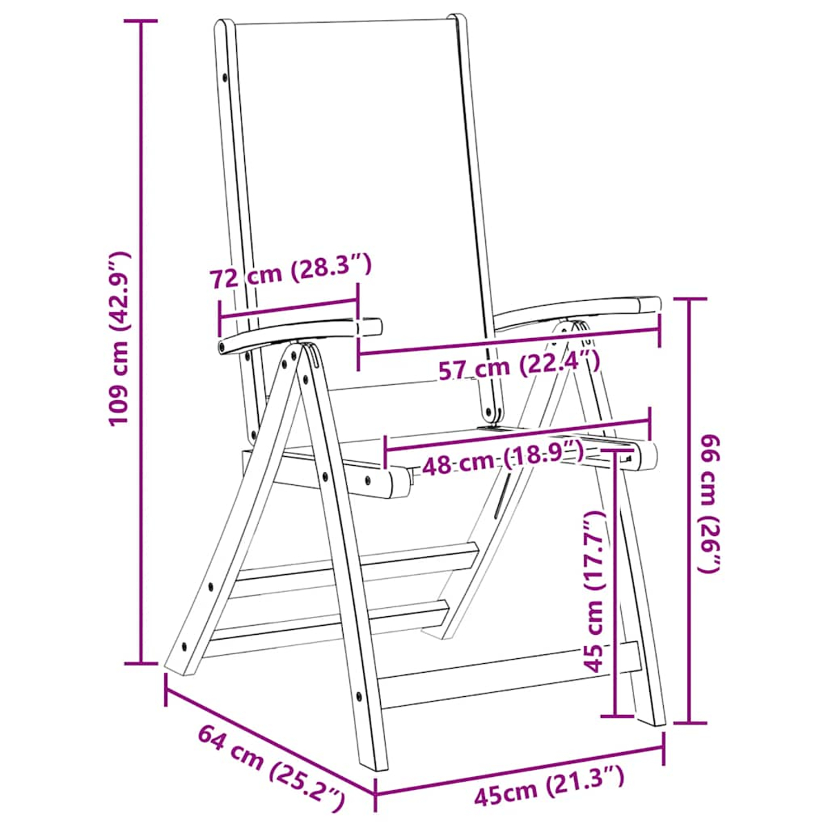 Un disegno a tratto di una sedia pieghevole in legno con dimensioni etichettate in viola. La sedia è aperta e pronta all'uso.