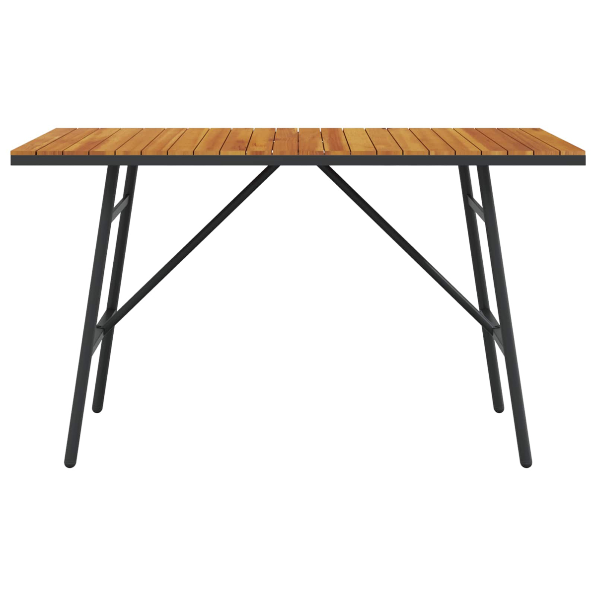Ein rechteckiger Holztisch mit schwarzem Metallrahmen. Der Tisch hat eine Holzlattenplatte und steht vor weißem Hintergrund.