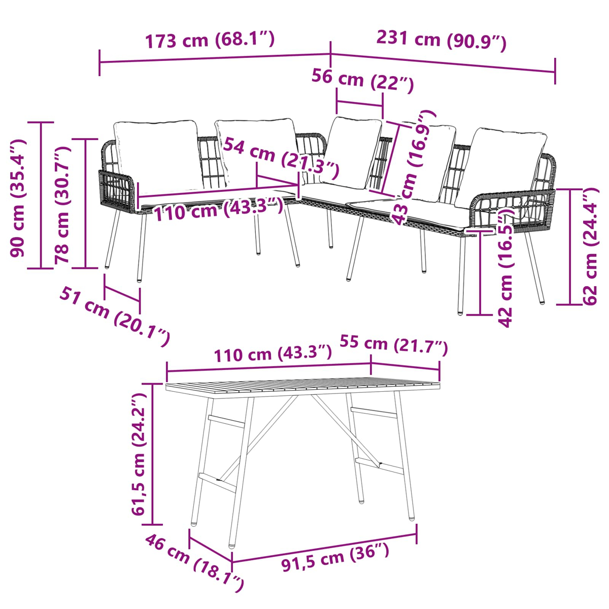 Diagramm mit den Abmessungen eines Gartenmöbelsets: Stühle mit Kissen und ein rechteckiger Tisch. Maße in cm und Zoll.