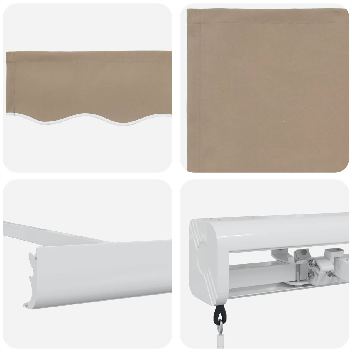 Vier Bilder zeigen Teile einer Markise: Stoff, Rahmen und Mechanismus. Der Stoff ist beige, der Rahmen und der Mechanismus sind weiß.