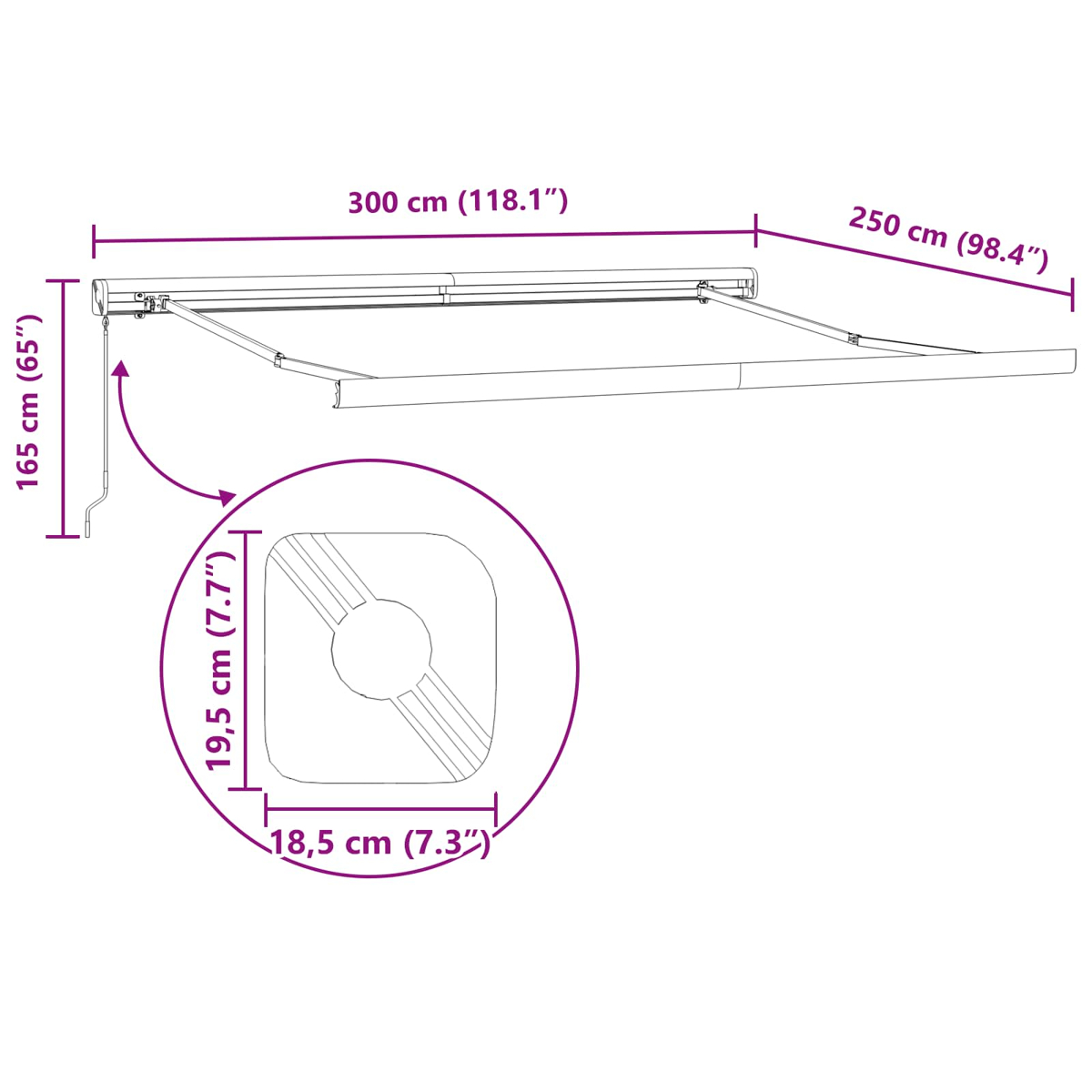 Diagramm einer Markise mit Maßen: 300 cm breit, 250 cm Ausladung, 165 cm hoch und einer detaillierten Basis.