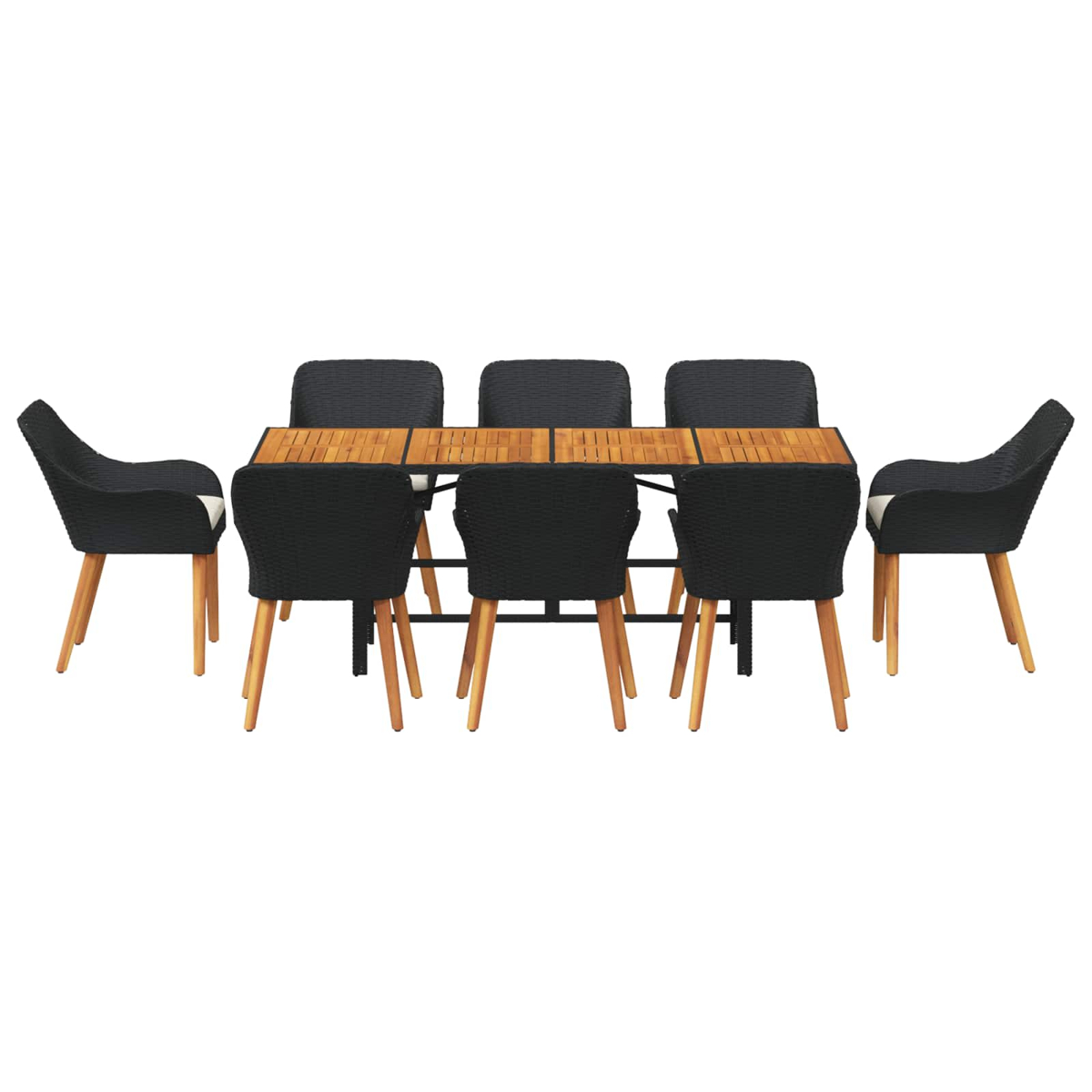 Ein Esstisch-Set mit Holztisch und sechs schwarzen Korbstühlen mit Holzbeinen. Der Hintergrund ist weiß.
