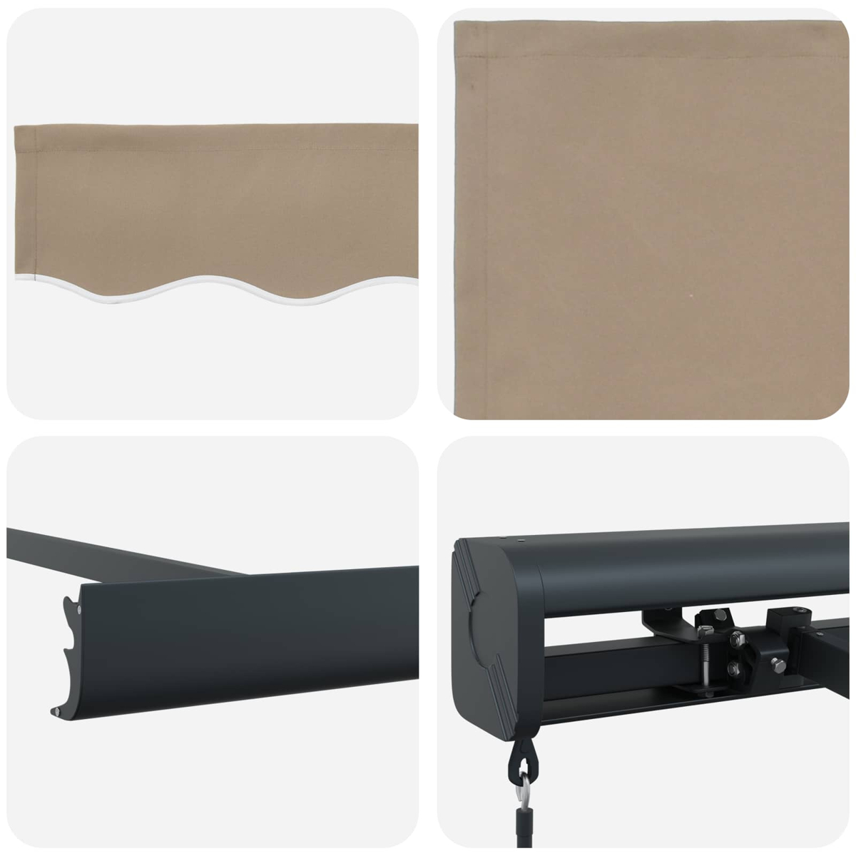 La imagen muestra primeros planos de un toldo. Hay tela beige, un marco de metal negro y detalles de los componentes mecánicos.