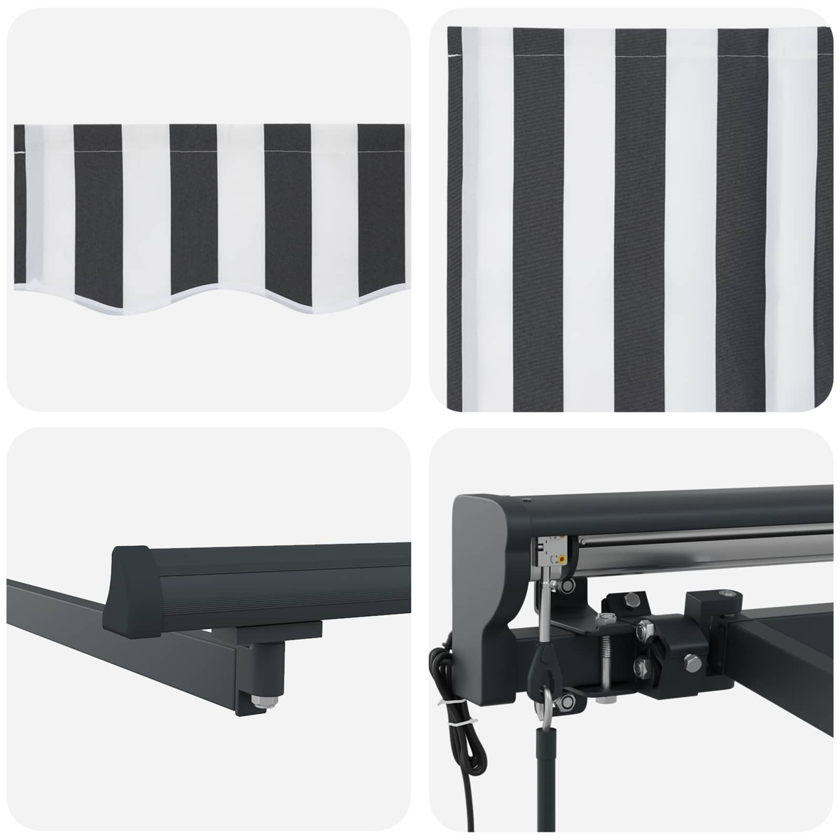 Vier Bilder zeigen eine gestreifte Markise und Teile ihrer Struktur in Schwarz und Weiß. Details der mechanischen Komponenten sind sichtbar.