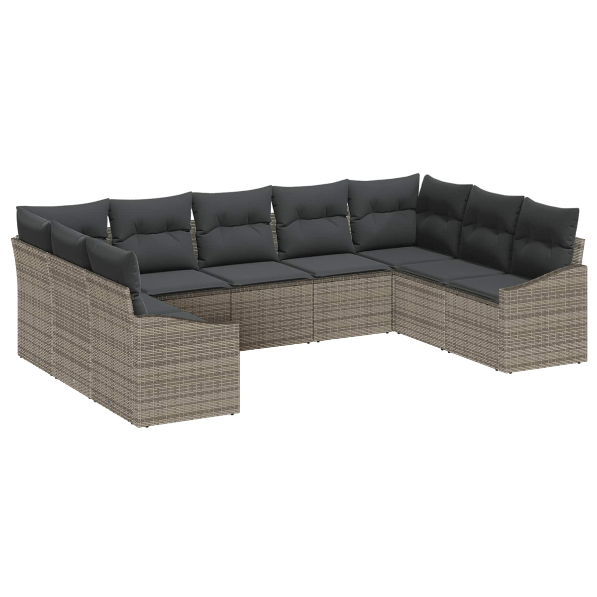 Ein U-förmiges Outdoor-Ecksofa. Es hat einen hellbraunen Korbrahmen und dunkelgraue Kissen. Das Sofa steht auf weißem Hintergrund.